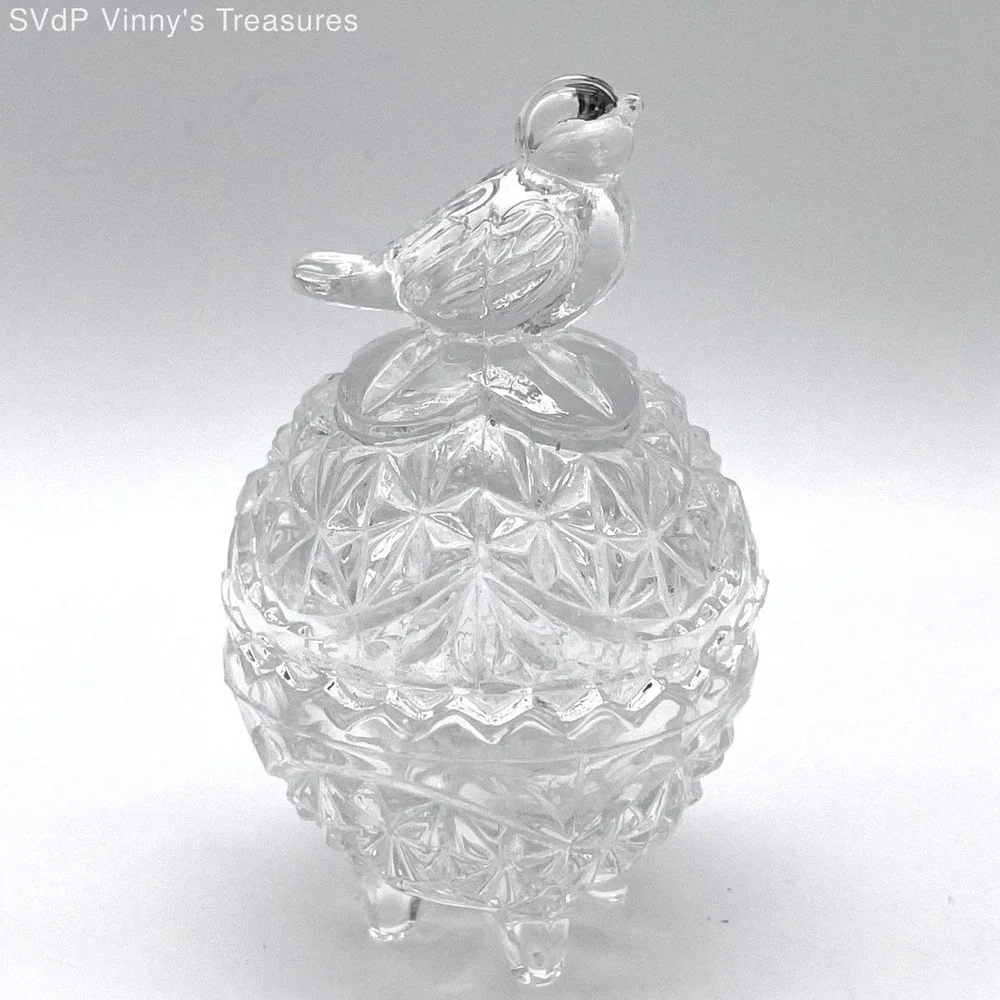 Vintage Clear Pressed Glass Bird Covered Candy Dish Trinket Box Pedestal Footed